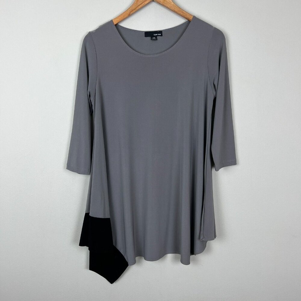 Sun Kim Tunic Top Womens XS Gray Asymmetrical 3/4 Sleeve Oversized Stretch Relax
